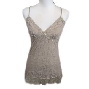 5/$55 Weavers taupe tan long lace camisole with beading, stretch M
